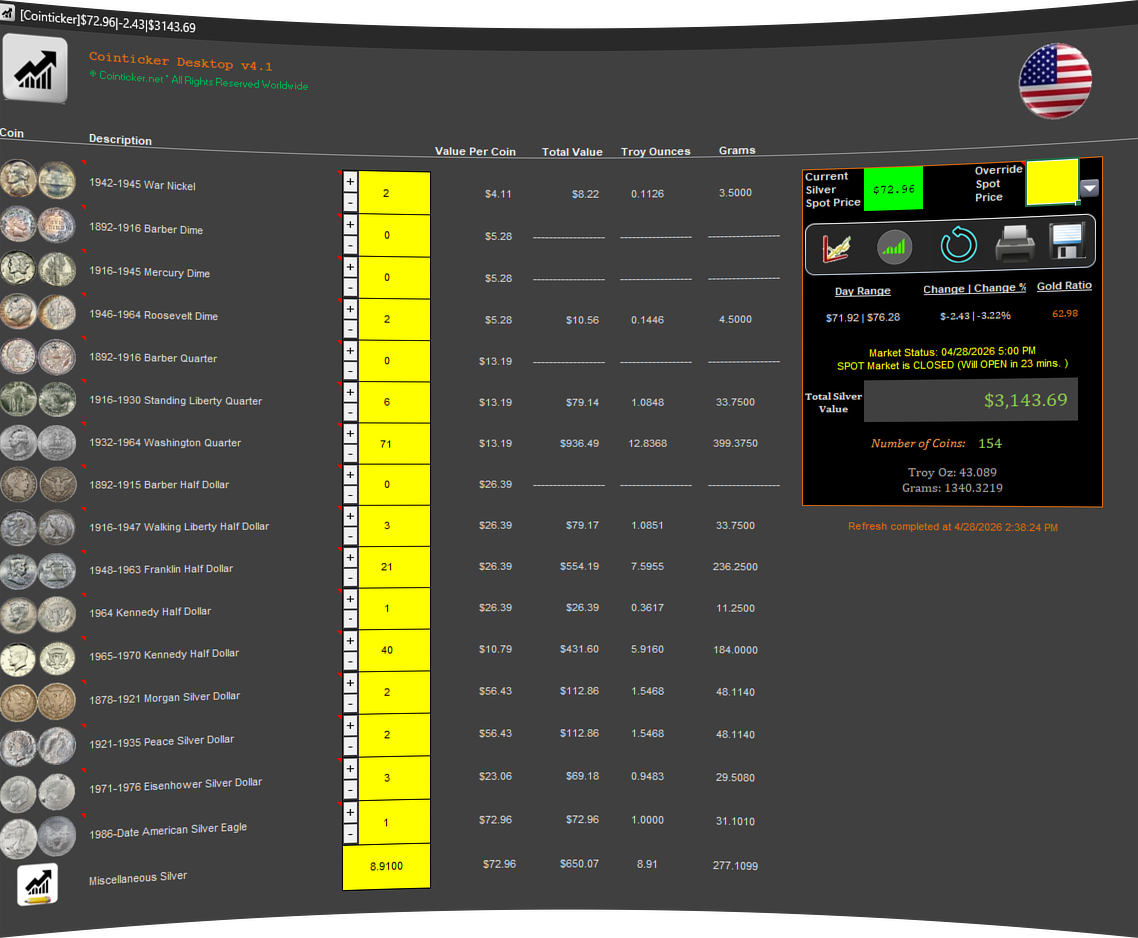 Cointicker Desktop Silver Coin Calculator main page