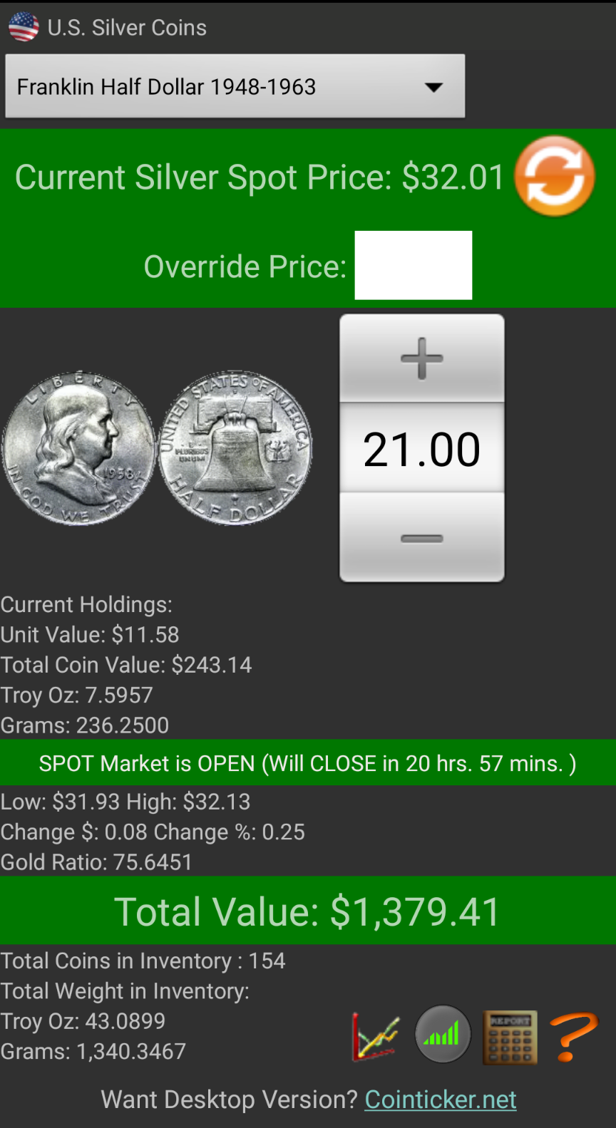 Cointicker Mobile Silver Coin Calculator main page